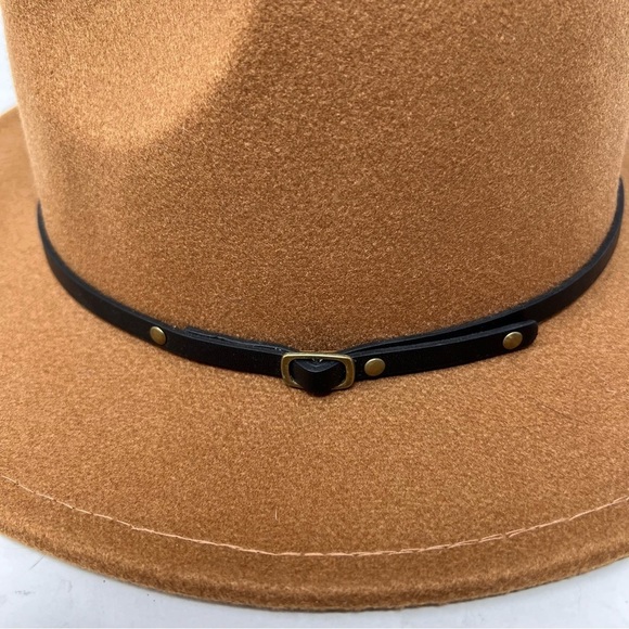 Unisex Fedora Hat Wide Brim Wool Blend Camel Brown OS Adjustable Western Cowboy - Picture 11 of 13